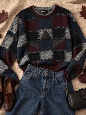 Vintage 80s 90s Impact Geometric Colorblock Knit Leather Applique Sweater